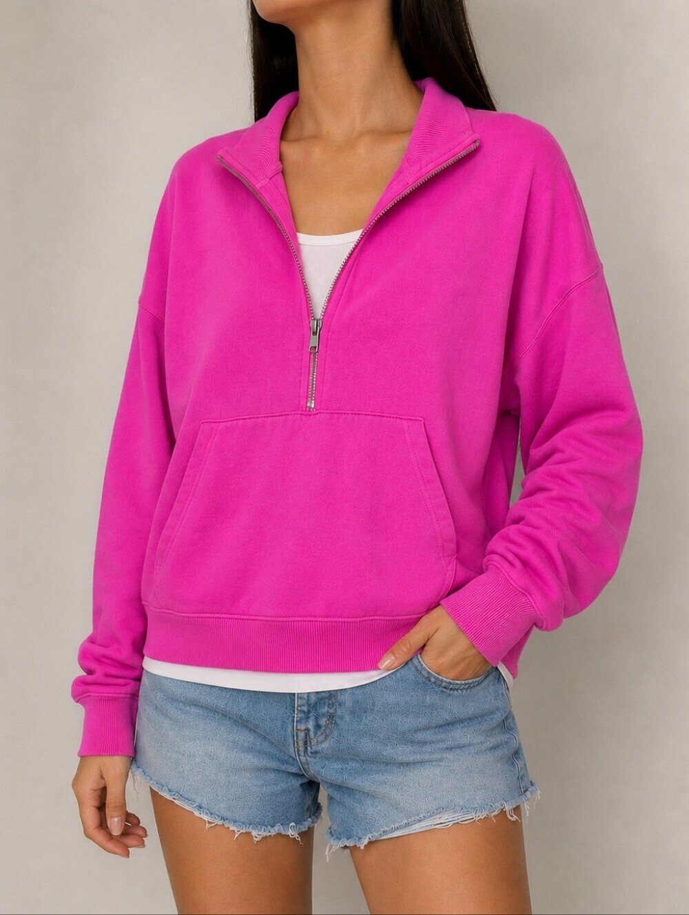 PINK Victorias Secret Hot Pink Cropped Quarter Zip Pullover Sweatshirt Large NWT - Picture 2 of 15